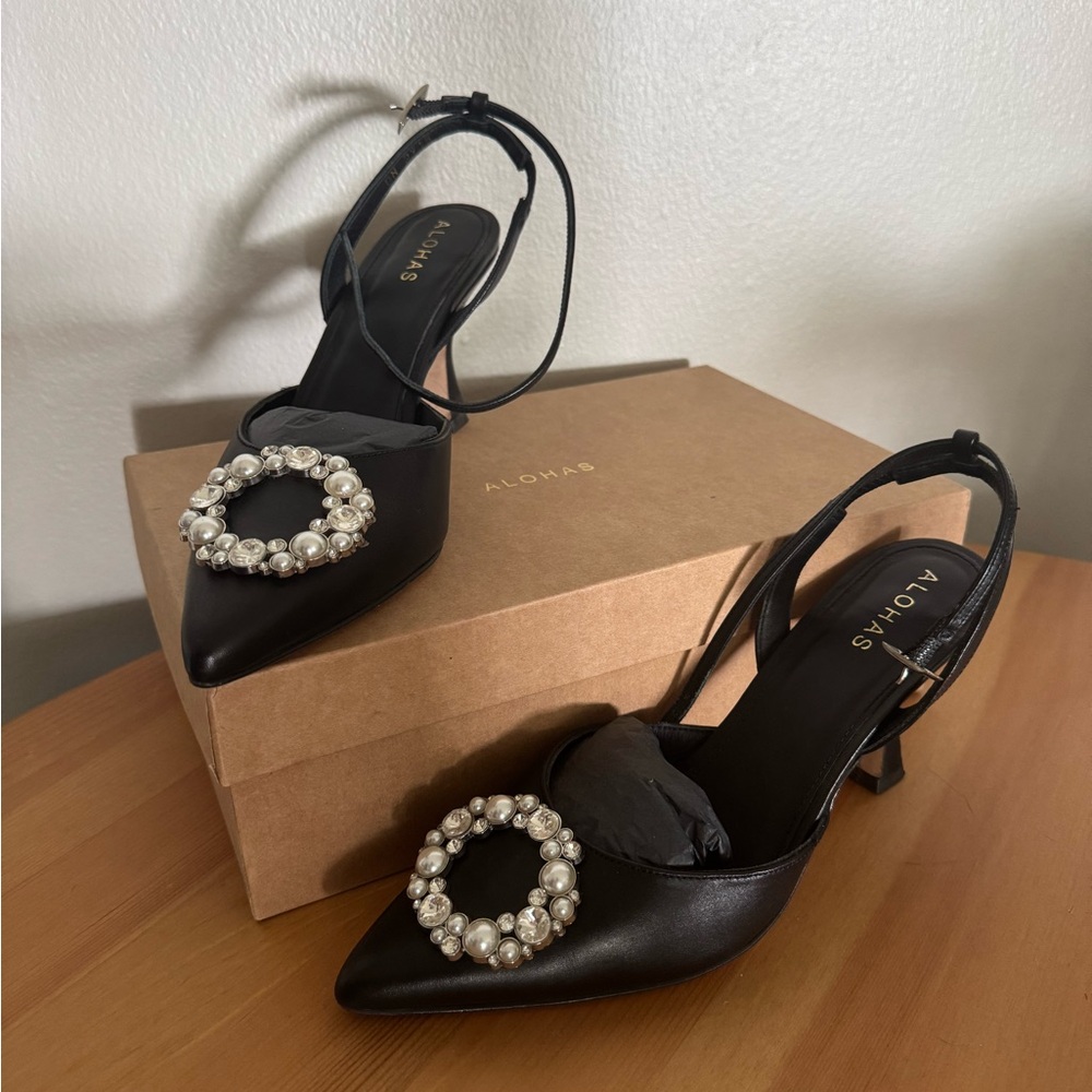 Alohas Black Stiletto Heels with Crystal Embellishment